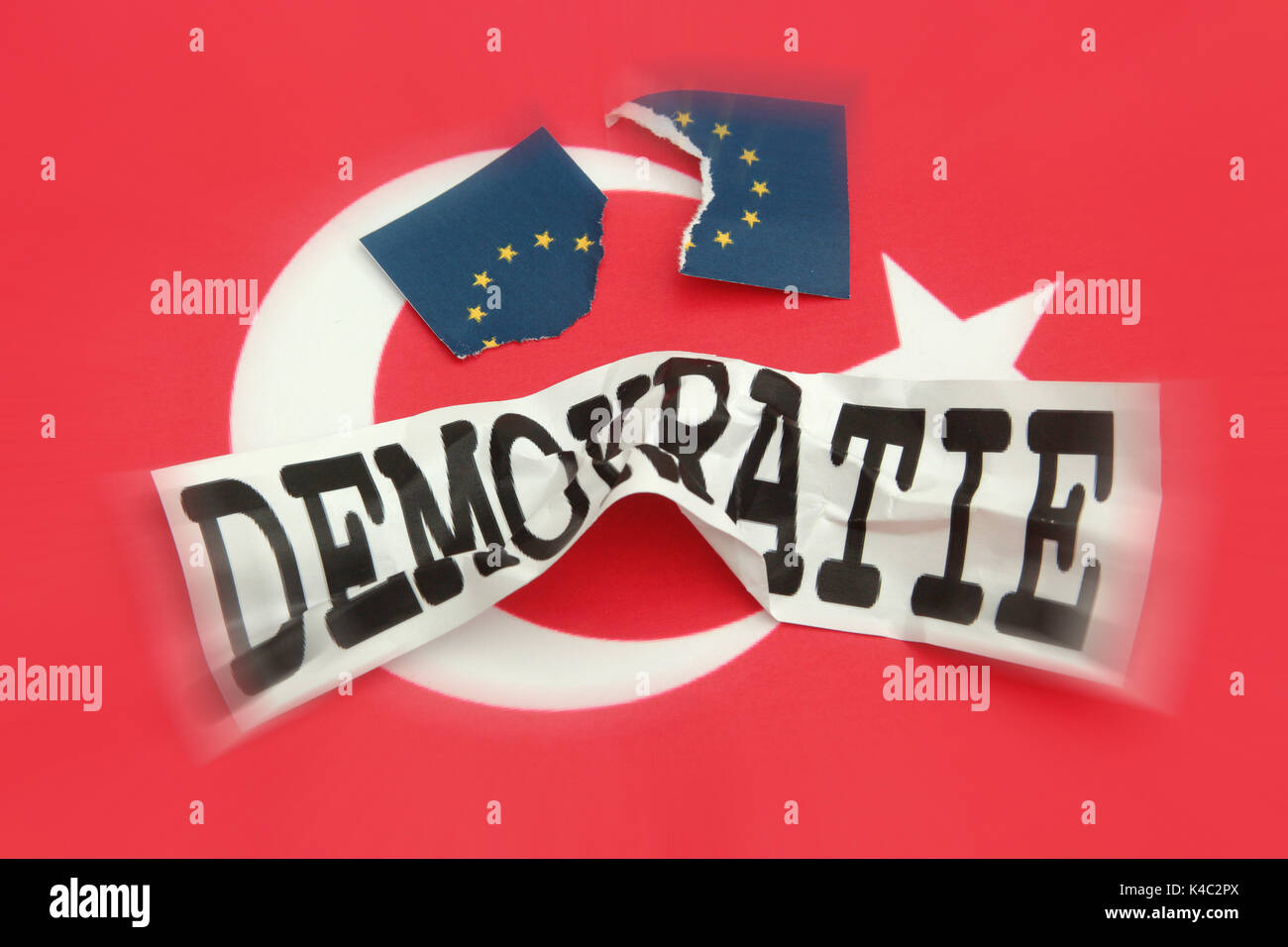 Destroyed Word Democracy With Flags Of Turkey And Eu European Union Stock Photo