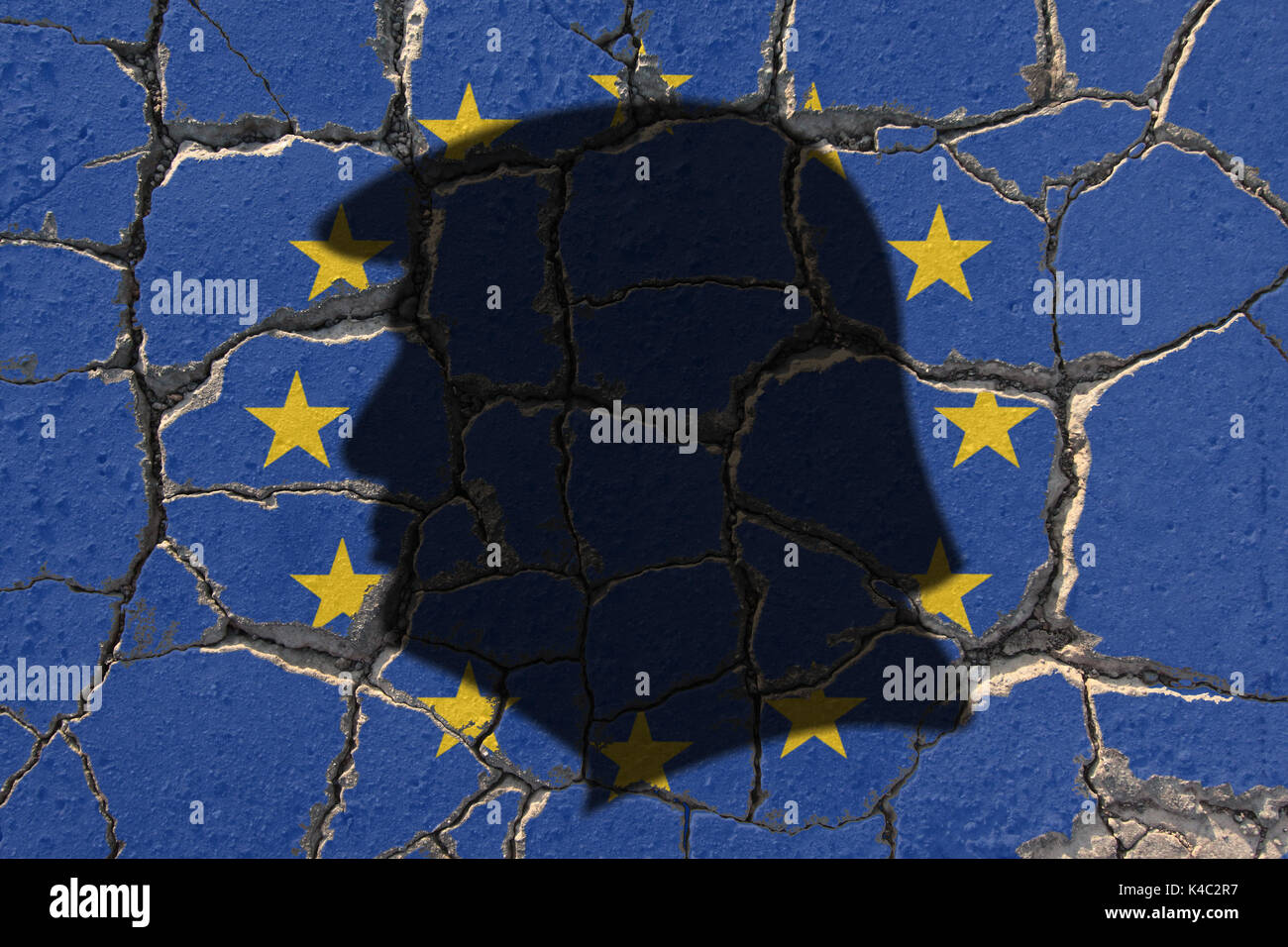 Silhouette Of Donald Trump With Eu European Union On Eroding Ground Stock Photo