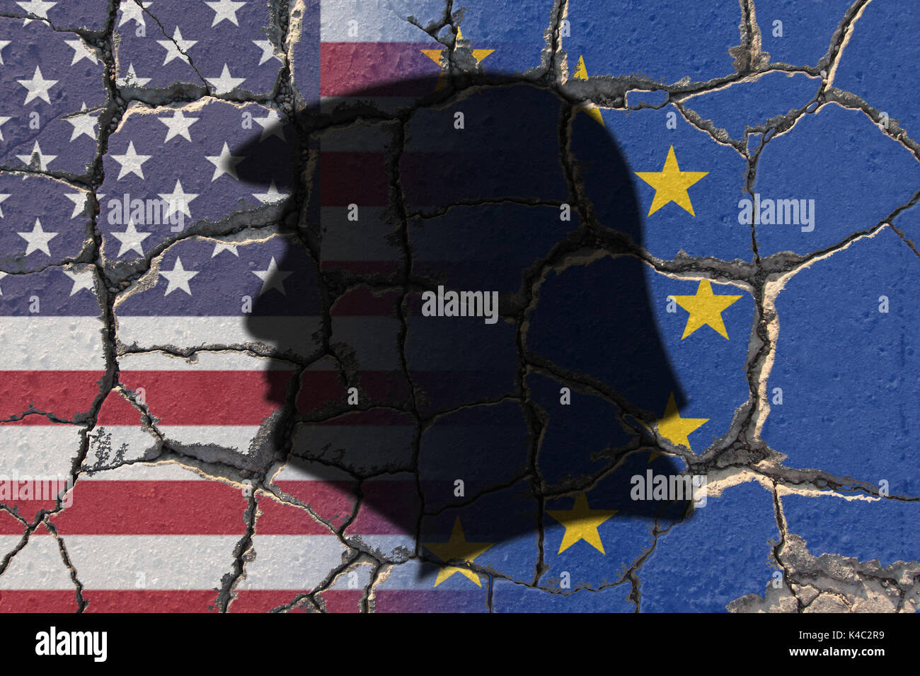 Silhouette Of Donald Trump With Flags Of Usa And Eu European Union On Eroding Ground Stock Photo
