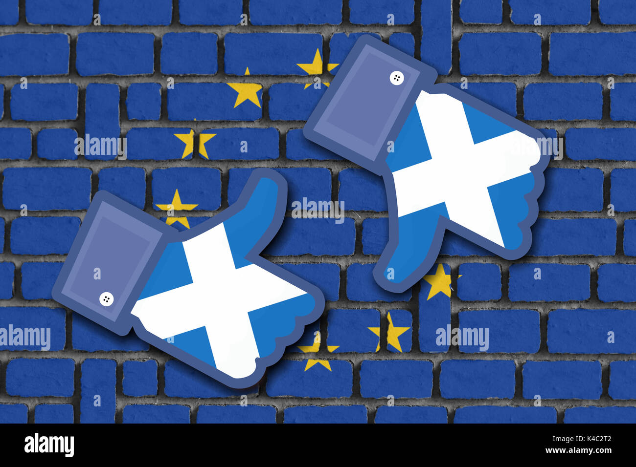 Wall With Flag Of Eu European Union And Facebook Like And Dislike Icons With Flag Of Scotland Stock Photo