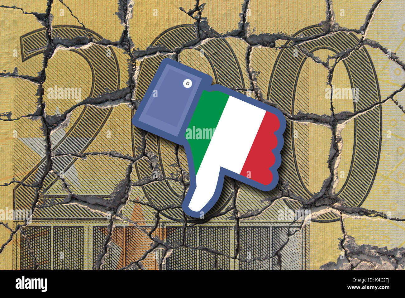 Referendum Italy Eroding Euro Banknote With Dislike Icon With Italian Flag Stock Photo