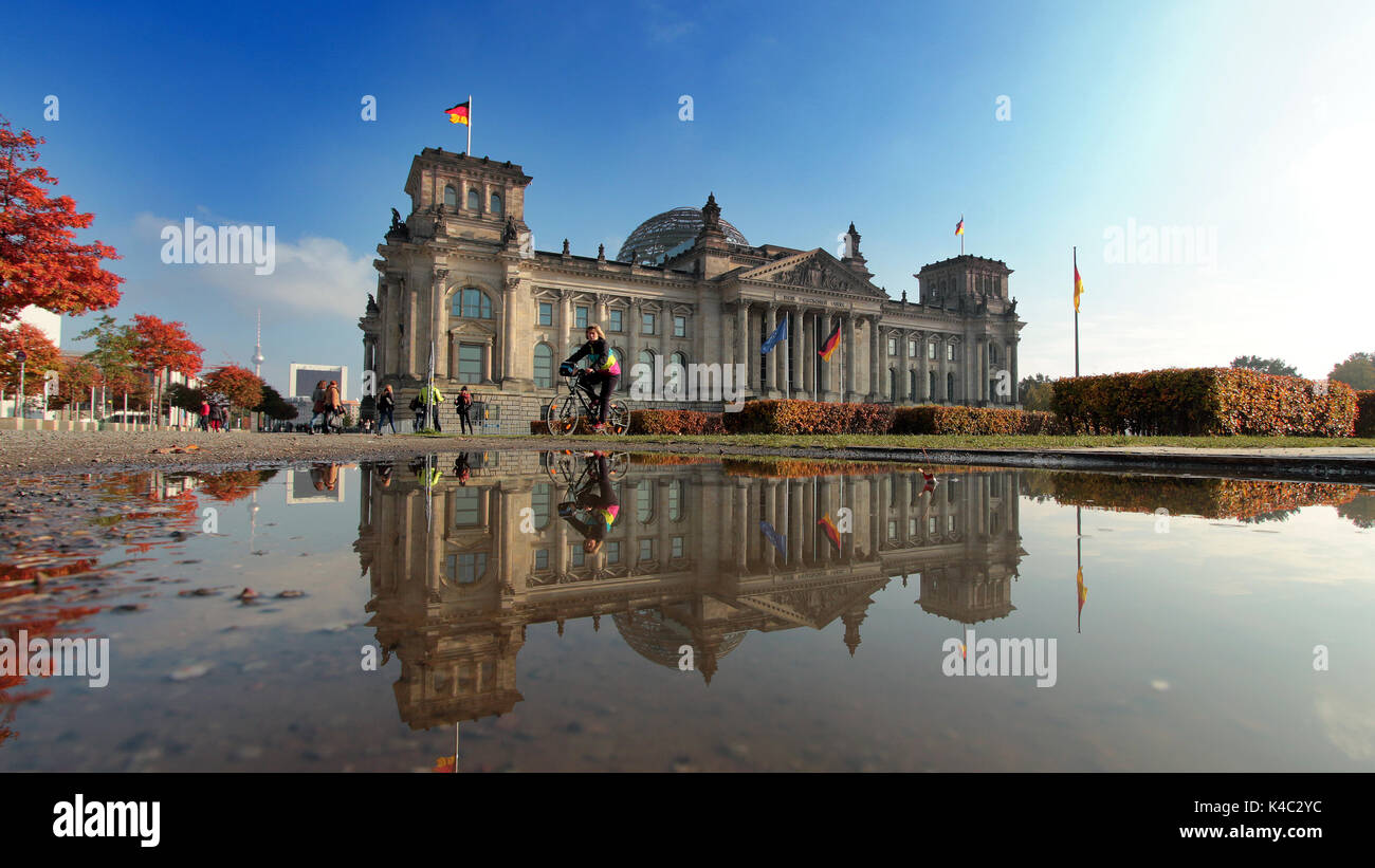 Reichstag Reflecting In A Puddle Stock Photo