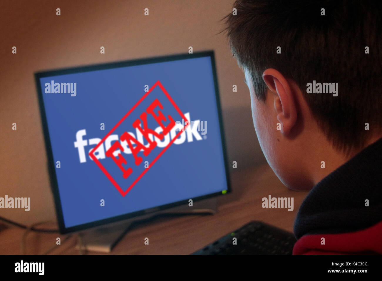 Young Man In Front Of A Computer With Word Fake Over Facebook Sign Stock Photo