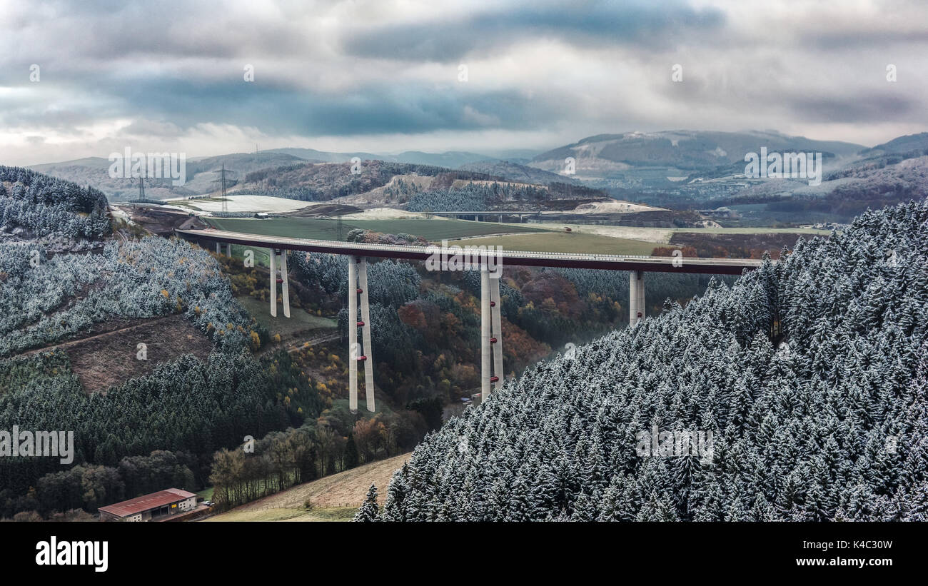 Highest Viaduct Nrw In Bestwig   Nuttlar In Autumnal-Wintery Landscape Stock Photo