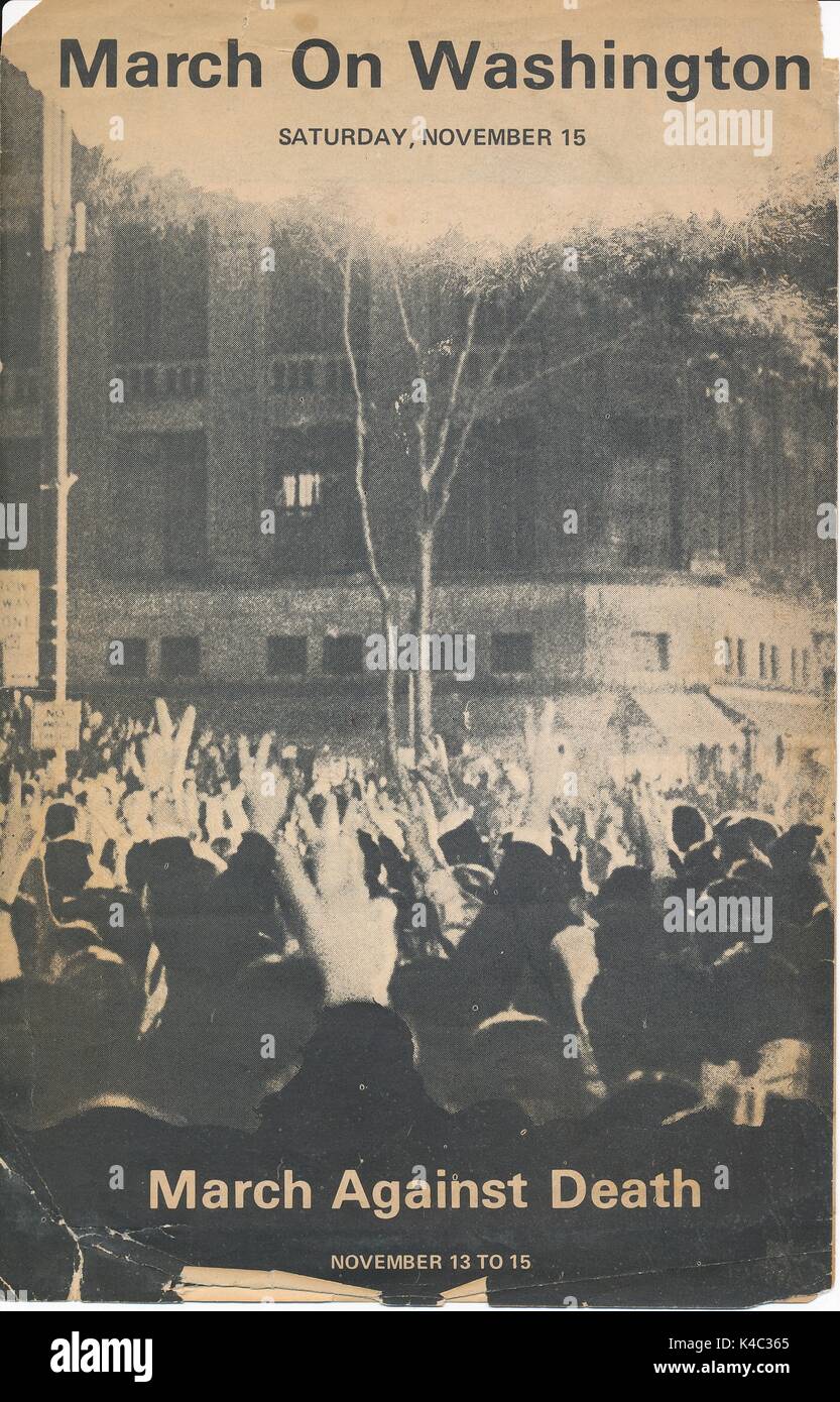 Leaflet for March on Washington Against Death, with image showing hands raised and making peace gestues, a peace march against the Vietnam War, November 15, 1969. Stock Photo