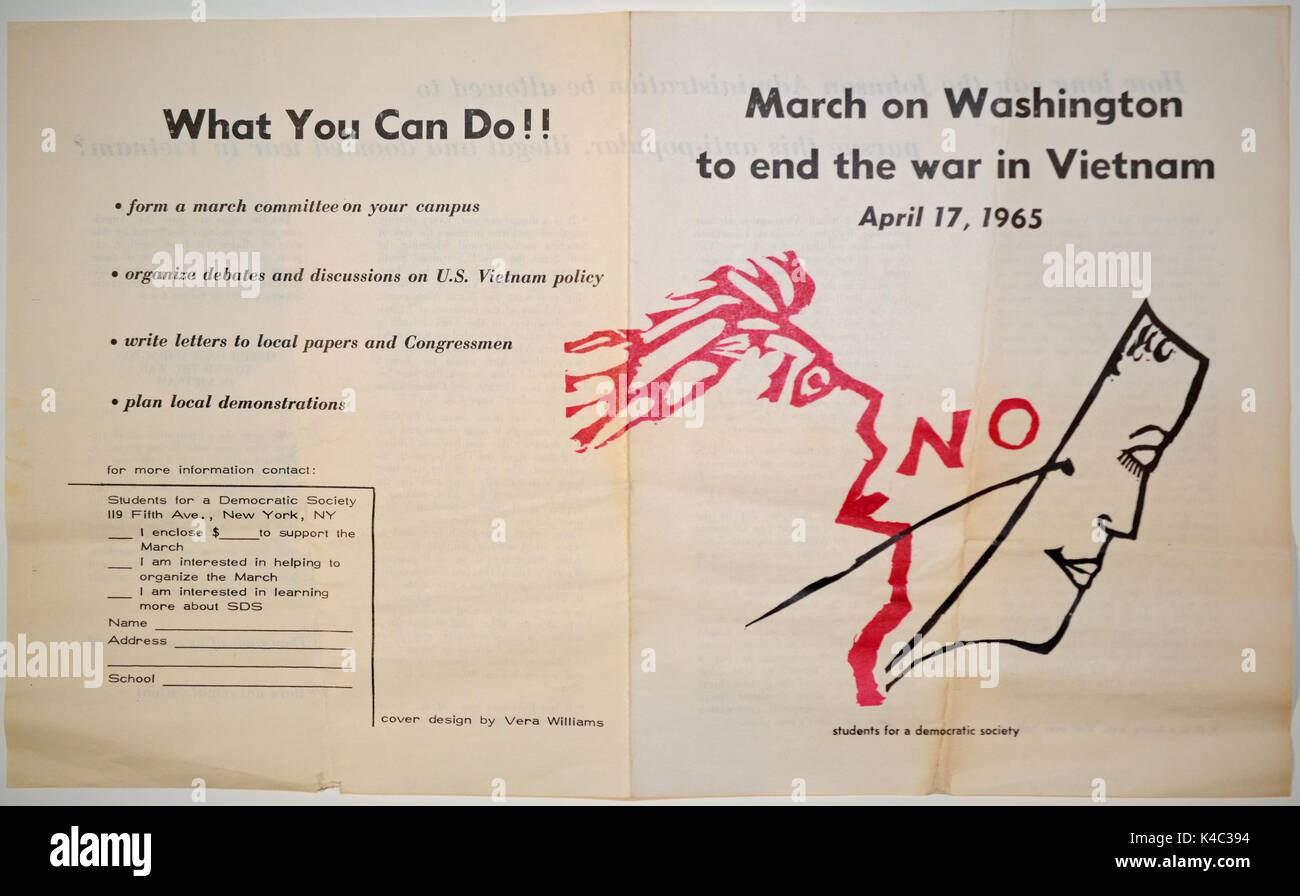Leaflet from Students for a Democratic Society (SDS) calling for a March on Washington to end the Vietnam War, with illustration of a mask being removed from the face of a person shouting 'No', April 17, 1965. Stock Photo