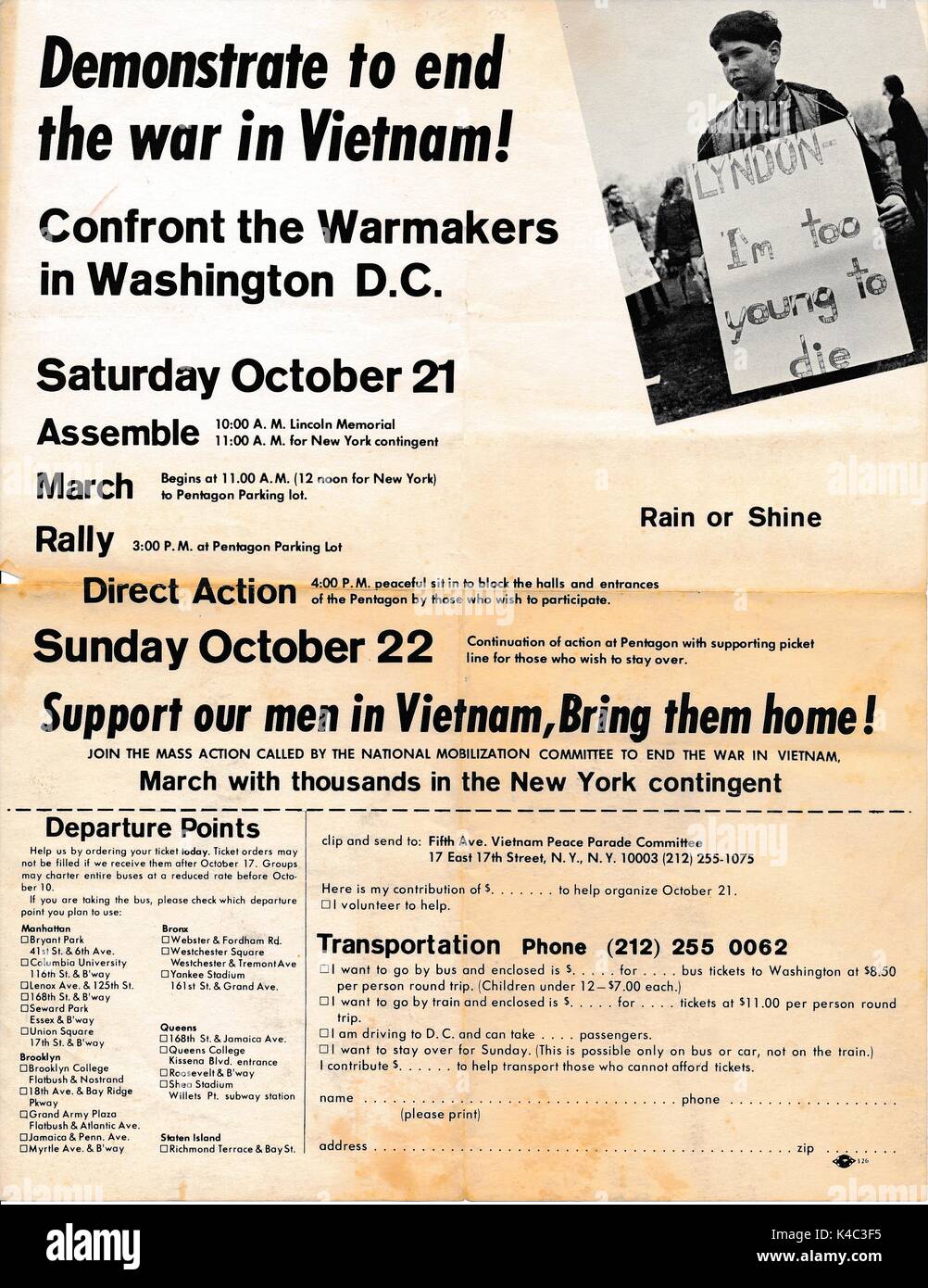 A Vietnam War era leaflet from the Fifth Avenue Vietnam Peace Parade Committee titled 'Demonstrate to end the war in Vietnam!, 1967. ' advocating that readers attend their march and protests at the Pentagon and featuring a tear off mailer to arrange transportation from New York City to Washington, D.C. Stock Photo