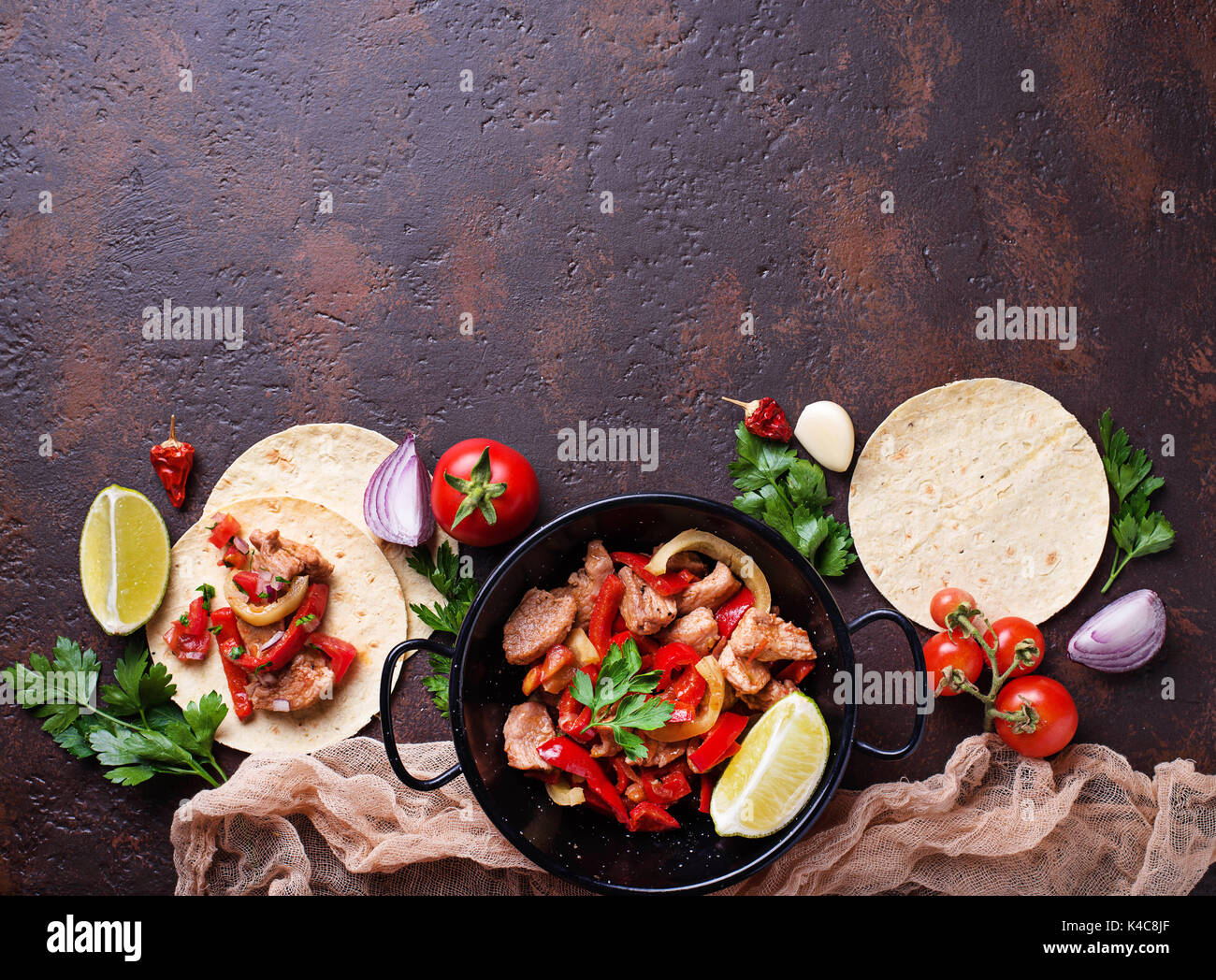 Fajitas with peppers for cooking Mexican tacos. Top view Stock Photo