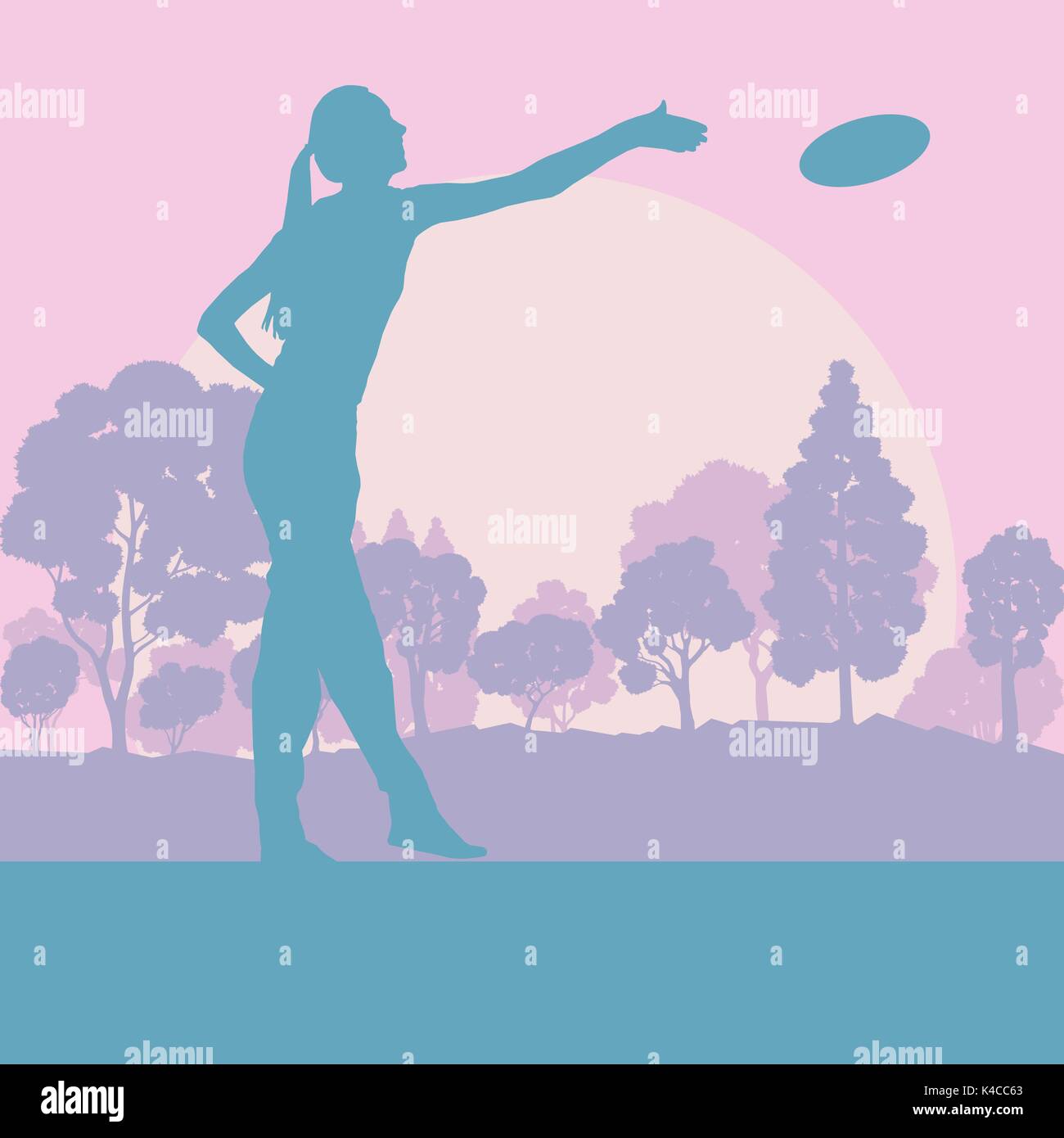 Flying disc throw game woman playing in park with trees vector background Stock Vector Image