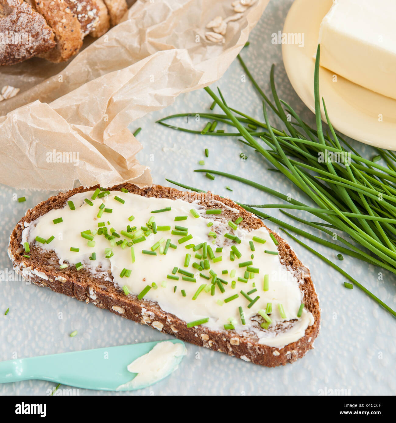 Buttered Bread With Fresh Chives Stock Photo Alamy