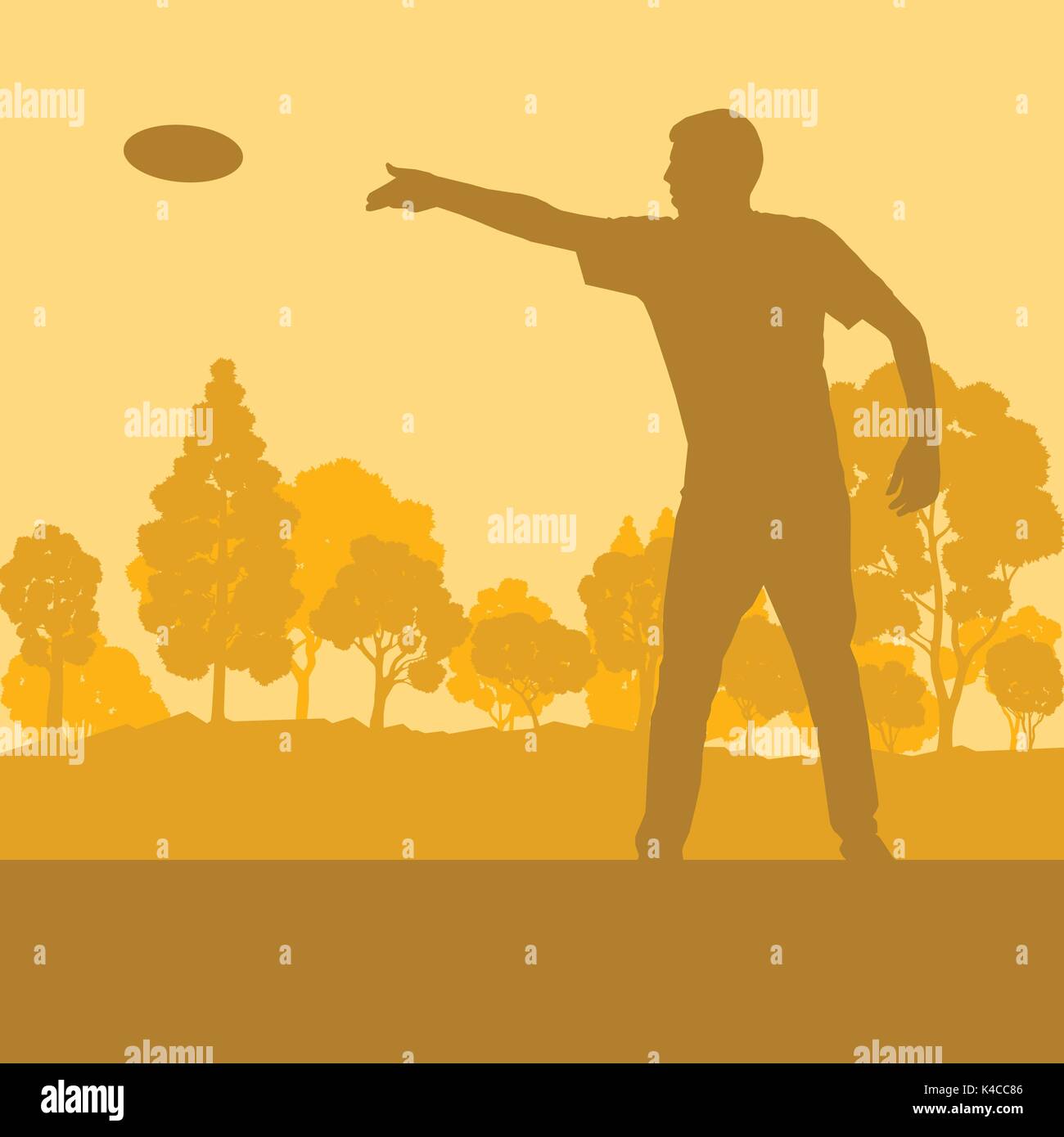 Flying disc throw game man playing in park with trees vector background Stock Vector Image & Art