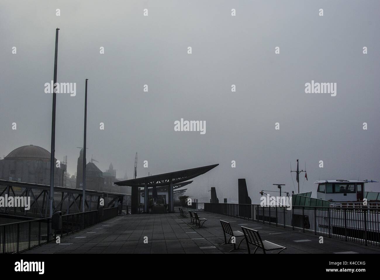 Hamburg Landungsbrƒcken Early Morning Fog Stock Photo