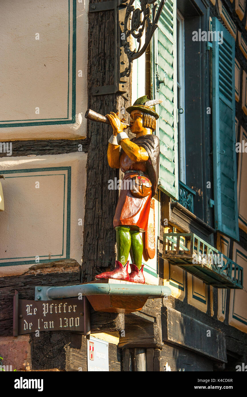 Le Pfiffer, The Piper, Historic Figure And Brotherhood Of The Alsace, Ribeauvillå , Near Colmar, Scenic Route Of Vine Alsatian, Upper Rhine, Picturesque Village, Alsace, France Stock Photo