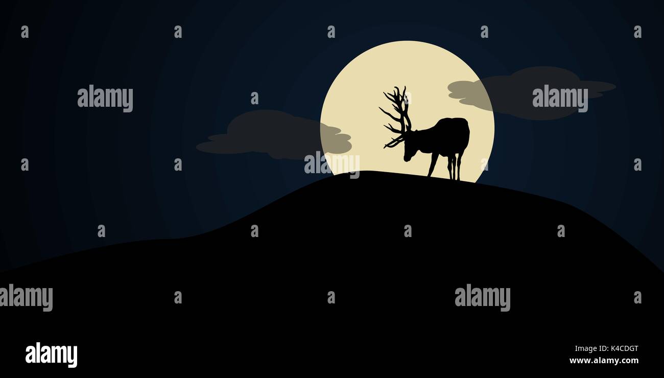 Deer on a hill with moon light, vector illustration Stock Vector