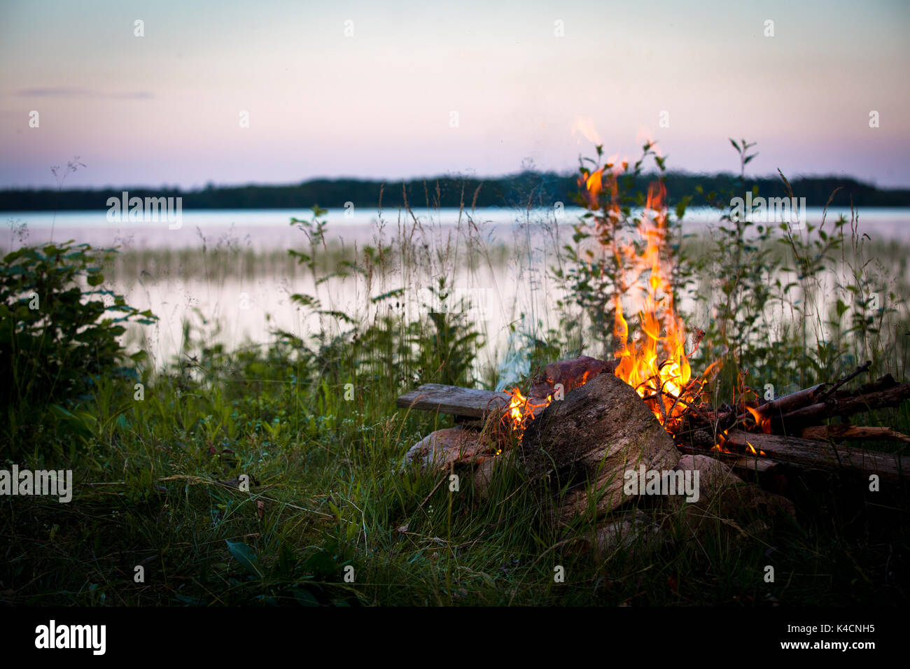 Campfire At A Lake In Sweden Stock Photo