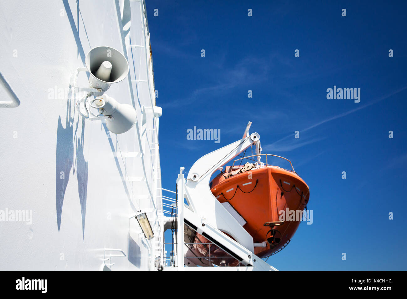 Rescue Boat On Ship, Loudspeaker Stock Photo