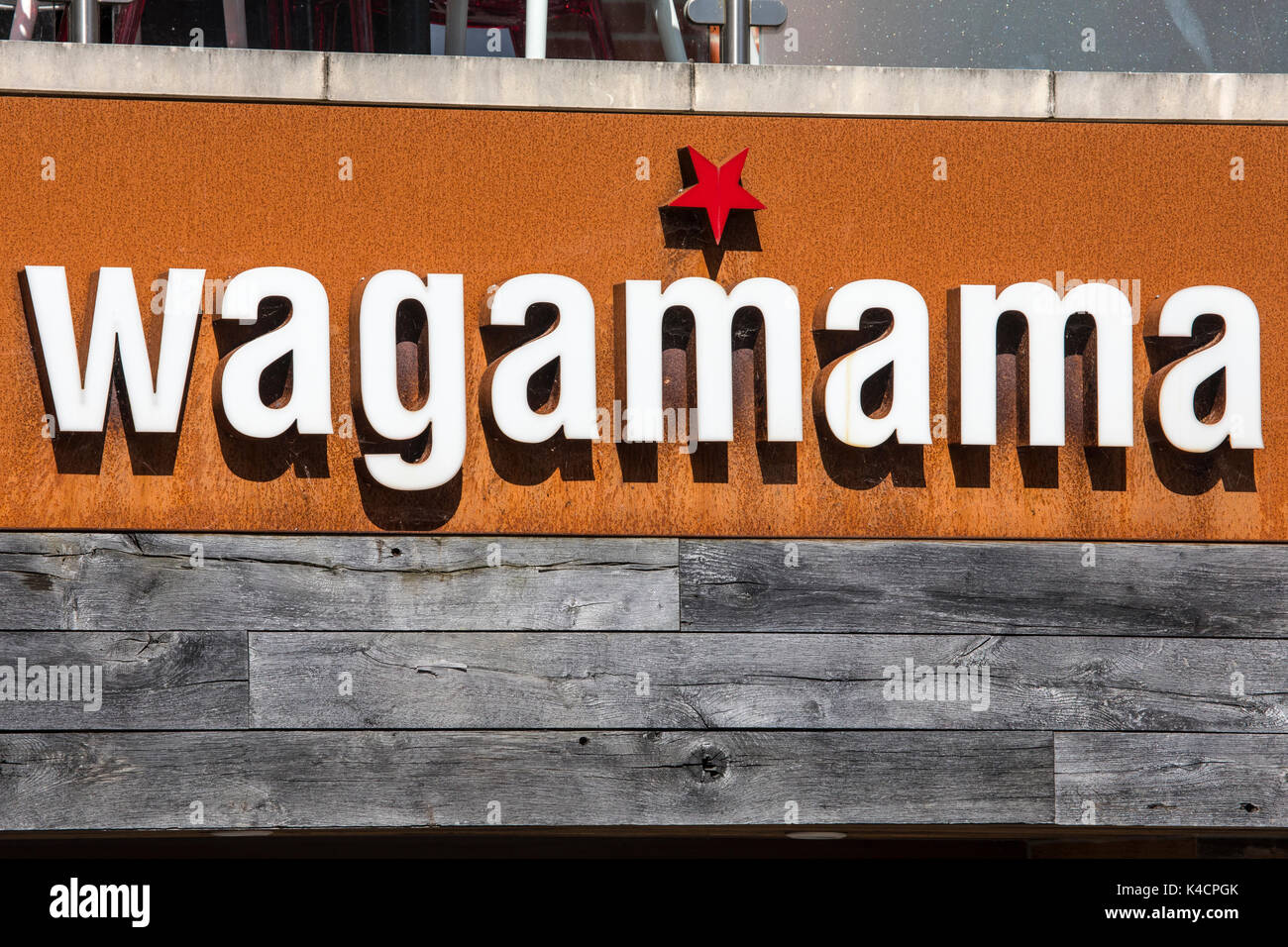 DORCHESTER, UK - AUGUST 15TH 2017: The sign above a Wagamama Asian food restaurant in Dorchester, UK, on 15th August 2017. Stock Photo