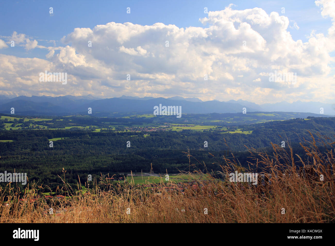 View From Hoher Pei enberg, Pfaffenwinkel, Upper Bavaria, To The Foothills Of The Alps Stock Photo
