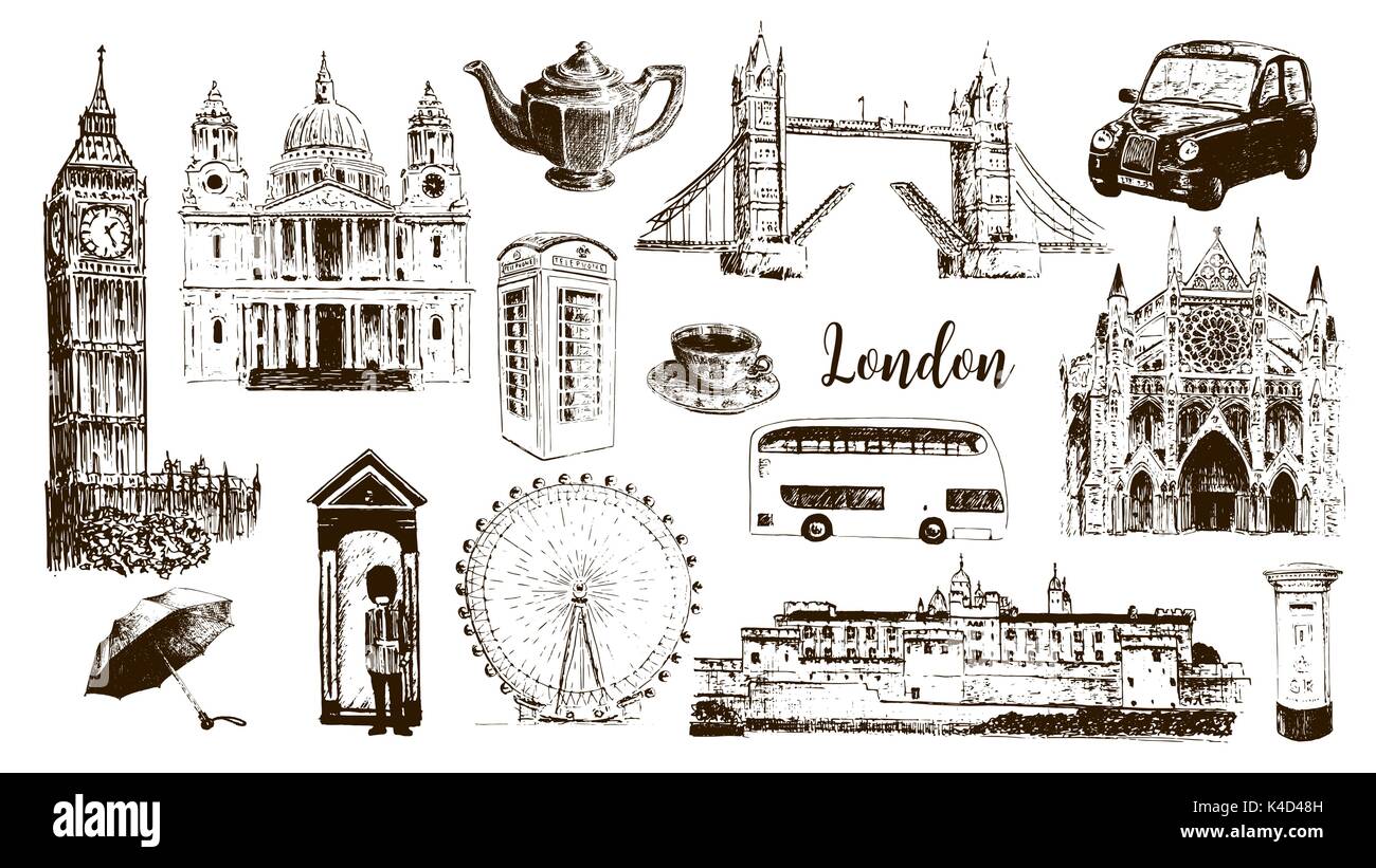 London symbols: Big Ben, Tower Bridge, bus, guardsman, mail box, call box. St. Paul Cathedral, tea, umbrella, westminster. Stock Vector