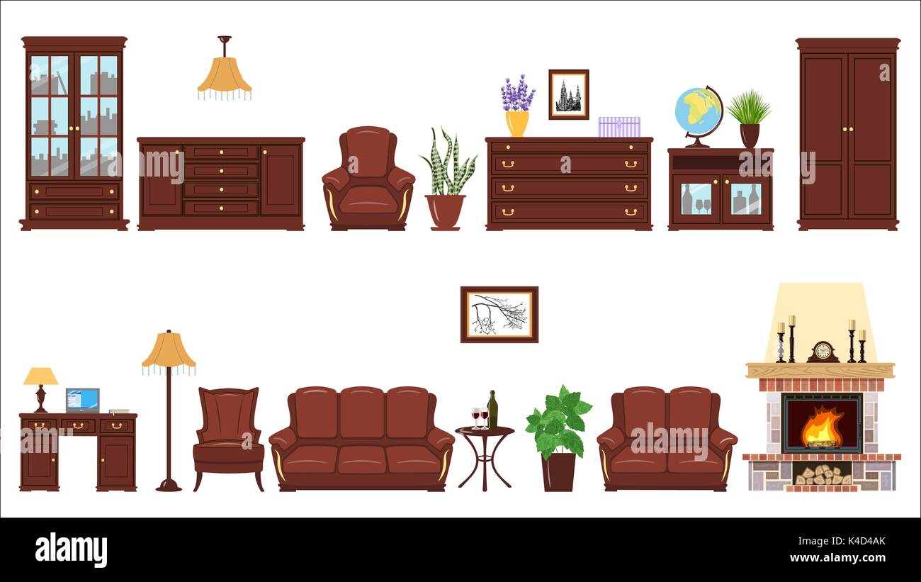 Big realistic Set of home furniture elements for cabinet, library, parlour. Stock Vector