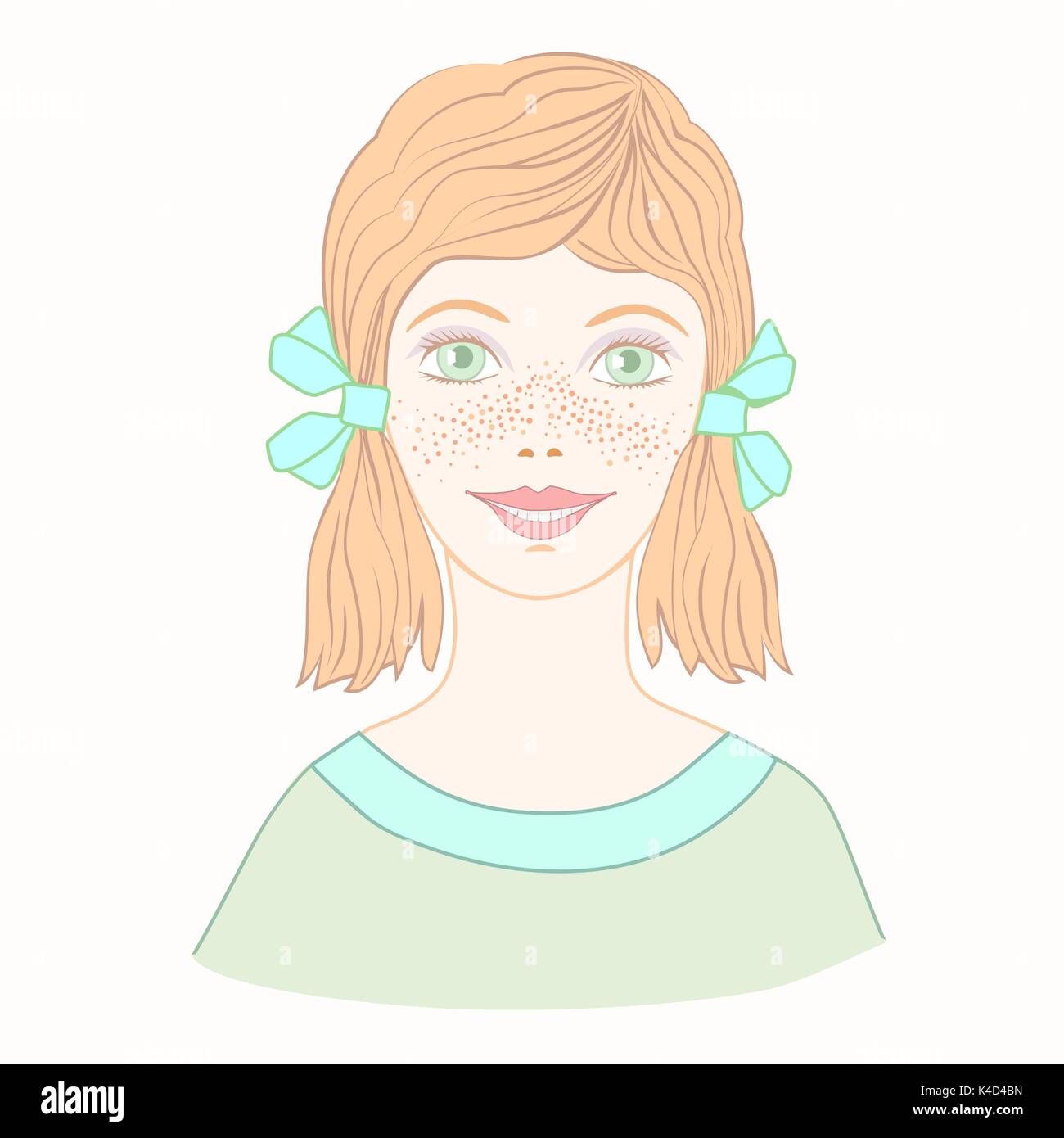 Cheerful cute young girl with freckles and red curly hair Stock Vector