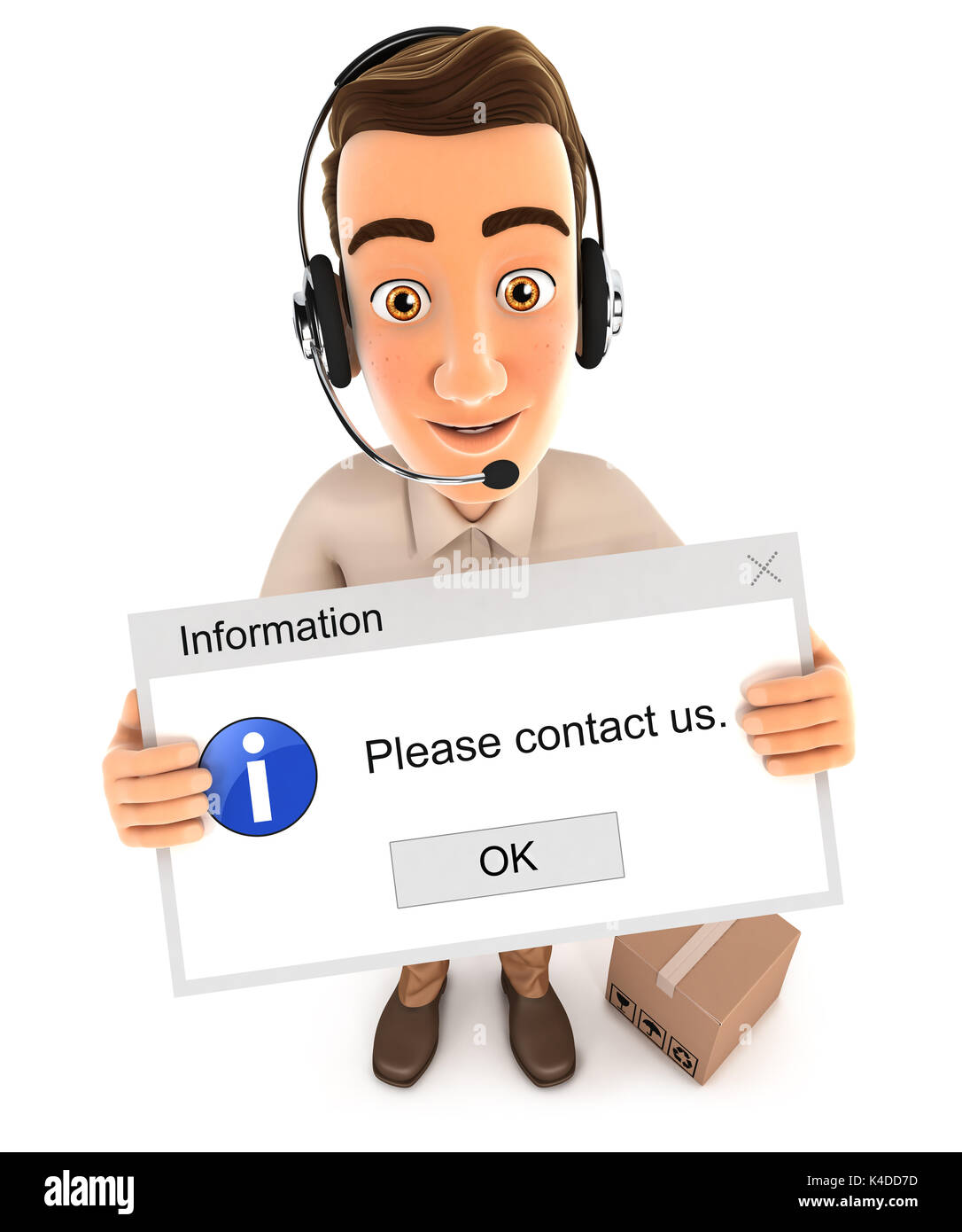 3d delivery man holding contact message, illustration with isolated white background Stock Photo