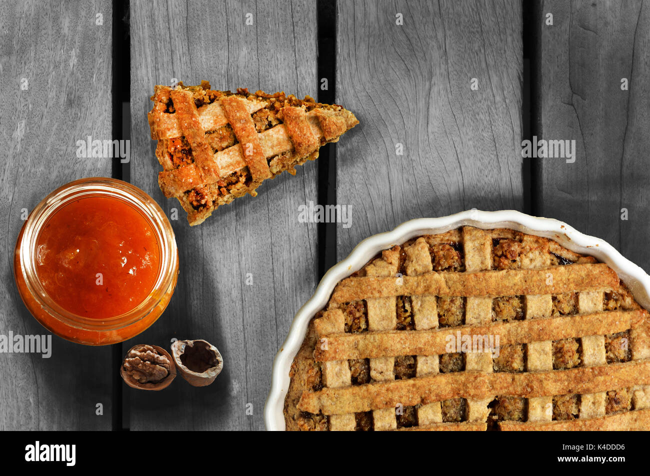Walnut Pie and Homemade jam Stock Photo