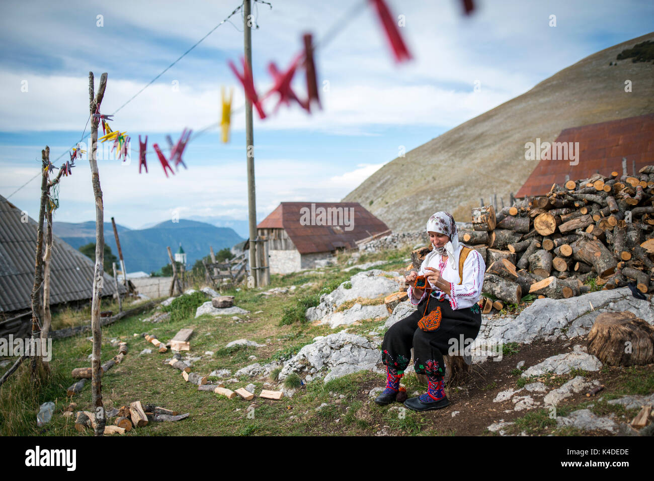 Lukomir, the last village in Bosnia is tourist destinations for hikers and off road adventures. Village is alt 1500m above sea level famous for wool Stock Photo