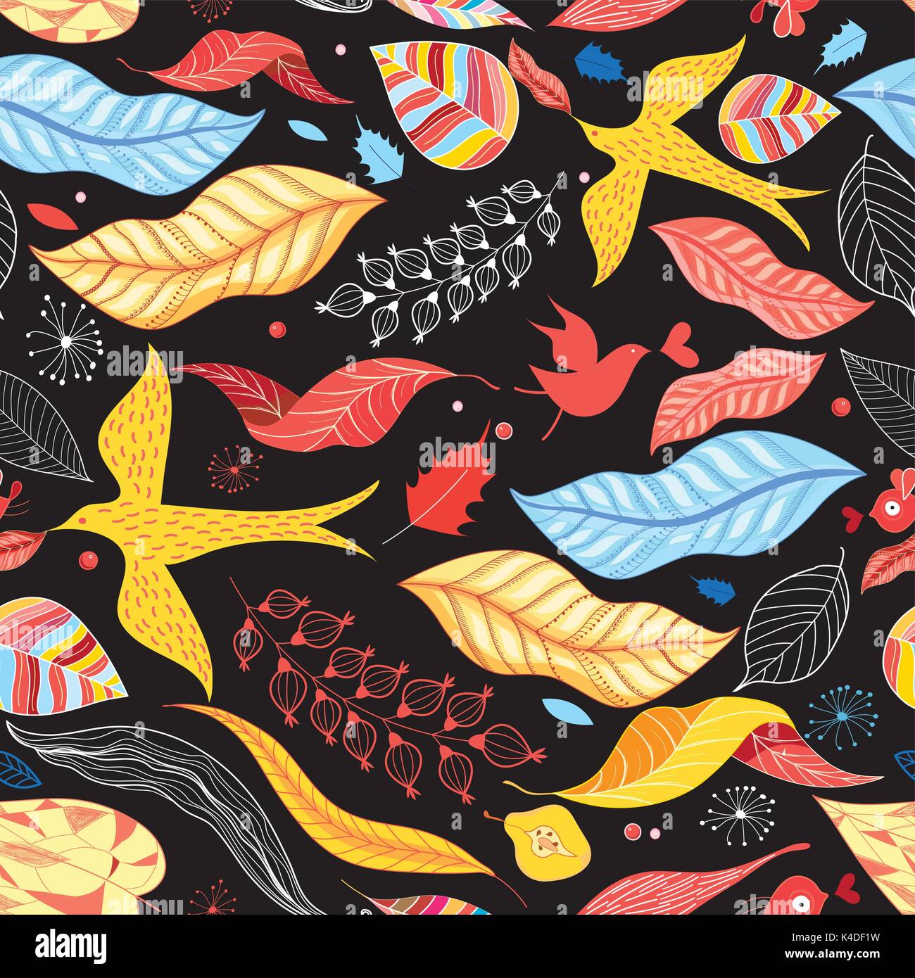 Graphic pattern of birds autumn colored leaves Stock Vector Image & Art ...