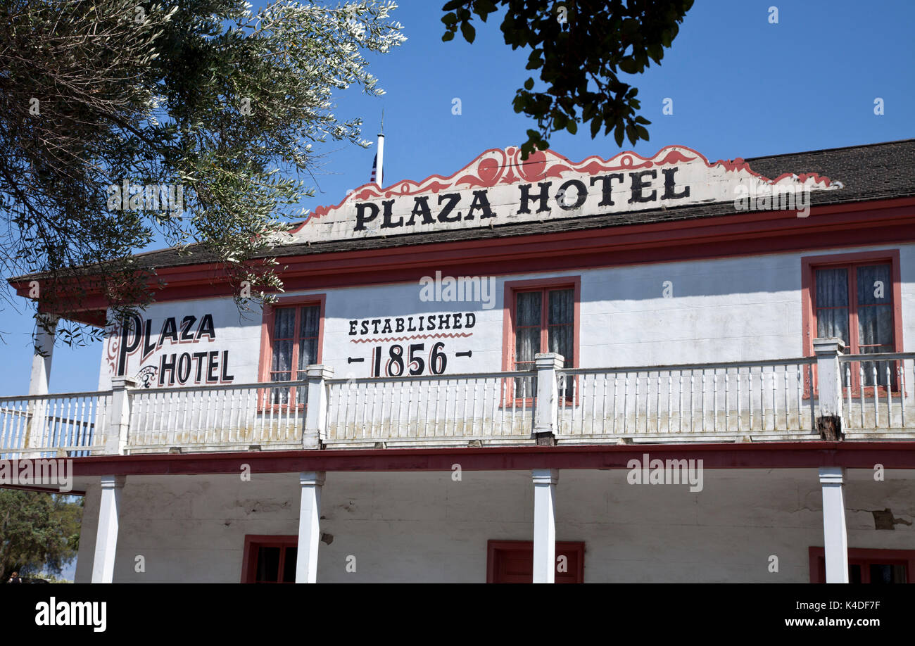 The Plaza Hotel, established 1896, is one of four 19th century buildings included in the San Juan Bautista (California)State Historic Park. Stock Photo