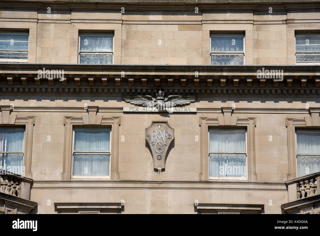 Royal Air Force Club, 128 Piccadilly, London. Wings. Crest. Per ardua ad astra. RAF building