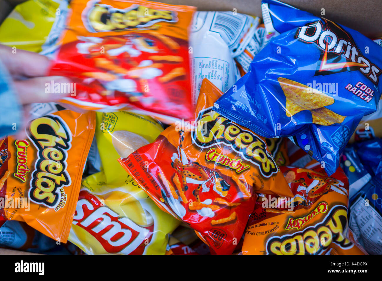 A display of tasty Frito-Lay brand chips and snacks in a supermarket in New York on Thursday, August 31, 2017. Frito-Lay is a brand of Pepsico. (© Richard B. Levine) Stock Photo