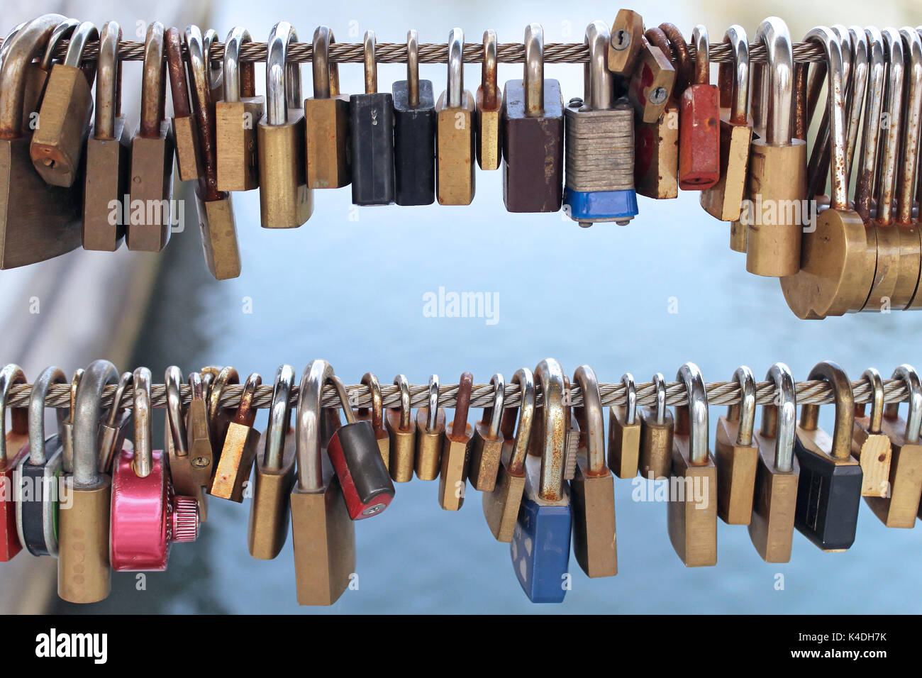 Old rusty padlocks left at the bridge fence as a symbol of eternal love ...