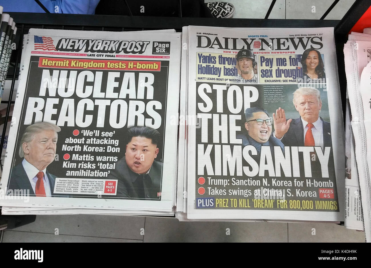 Copies of the fiercely competitive New York Daily News and the New York Post on Monday, September 4, 2017 report on North Korea's recent nuclear test and President Trump's response. (© Richard B. Levine) Stock Photo