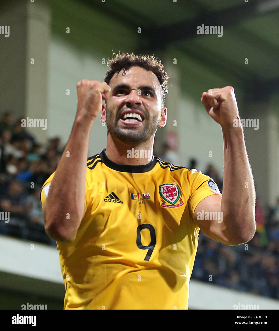 Wales' Hal Robson-Kanu celebrates scoring his sides first goal during the 2018 FIFA World Cup Qualifying, Group D match at Stadionul Zimbru in Chisinau, Moldova. Stock Photo