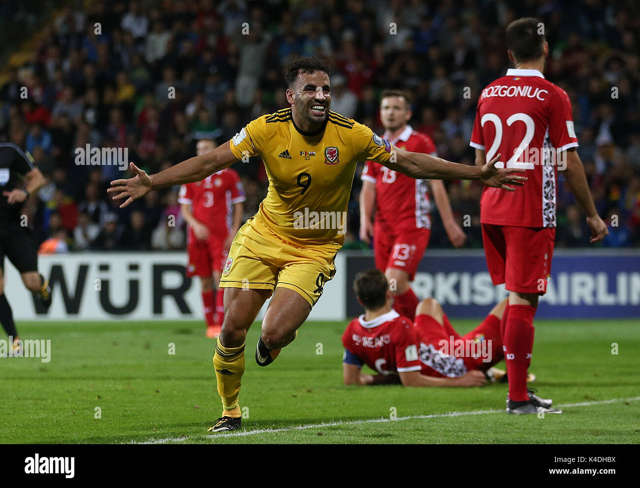 Wales' Hal Robson-Kanu celebrates scoring his sides first goal during the 2018 FIFA World Cup Qualifying, Group D match at Stadionul Zimbru in Chisinau, Moldova. Stock Photo