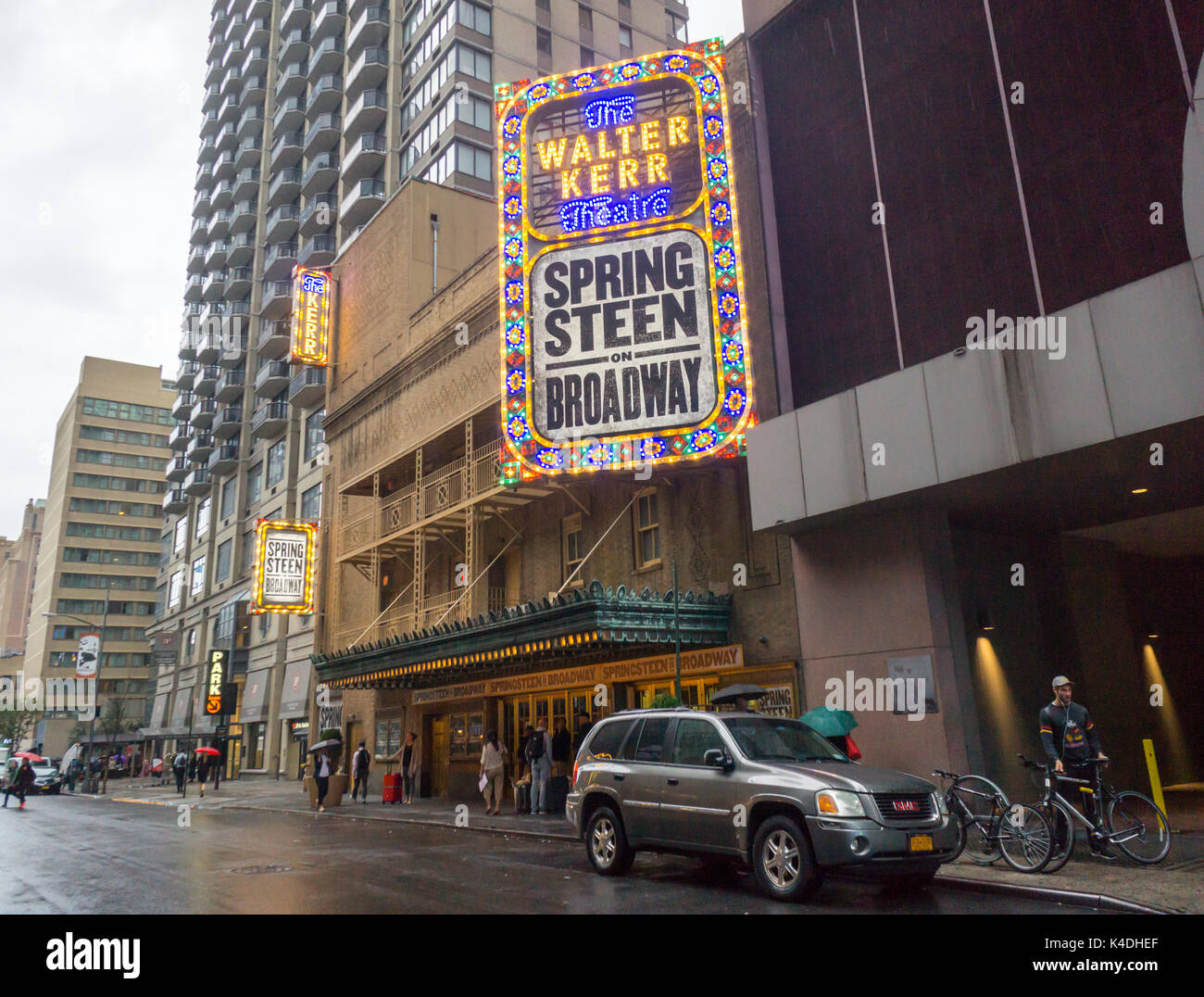 The marquee of the Walter Kerr Theatre off of Broadway in New York on Tuesday, August 29, 2017 is decorated for the upcoming 'Springsteen on Broadway'. Tickets go on sale on August 30 but in an effort to thwart resellers using ticket bots fans had to register in advance through Ticketmaster's Verified Fan platform. Previews begin October 3 with the opening October 12 and it will run for only eight weeks. (© Richard B. Levine) Stock Photo
