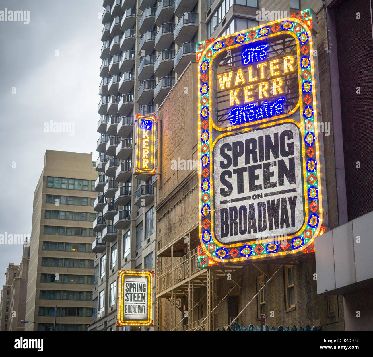 The marquee of the Walter Kerr Theatre off of Broadway in New York on Tuesday, August 29, 2017 is decorated for the upcoming 'Springsteen on Broadway'. Tickets go on sale on August 30 but in an effort to thwart resellers using ticket bots fans had to register in advance through Ticketmaster's Verified Fan platform. Previews begin October 3 with the opening October 12 and it will run for only eight weeks. (© Richard B. Levine) Stock Photo
