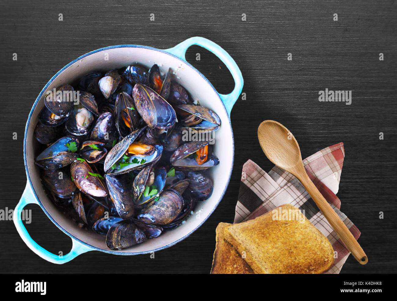 Steamed Mussels and Toast Stock Photo