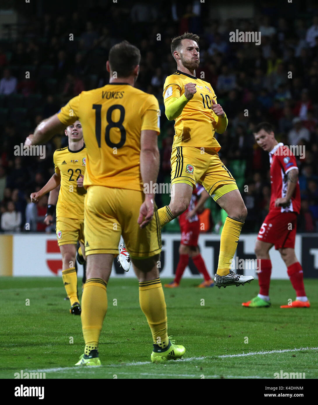 Wales' Aaron Ramsey celebrates after scoring his sides second goal during the 2018 FIFA World Cup Qualifying, Group D match at Stadionul Zimbru in Chisinau, Moldova. Stock Photo