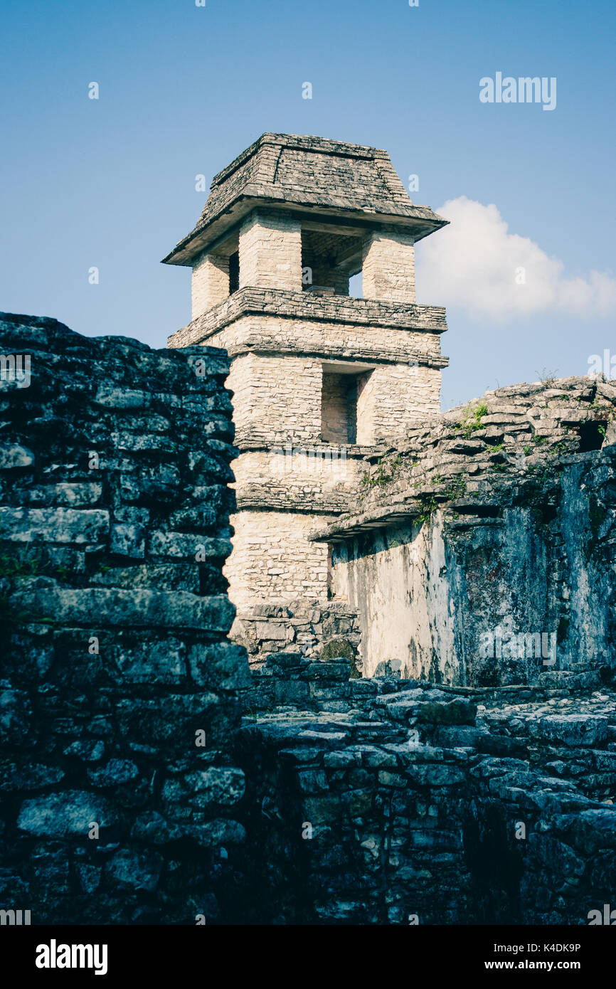 Color graded image of the ruins at the Palenque archeological site, Chiapas, Mexico. Stock Photo