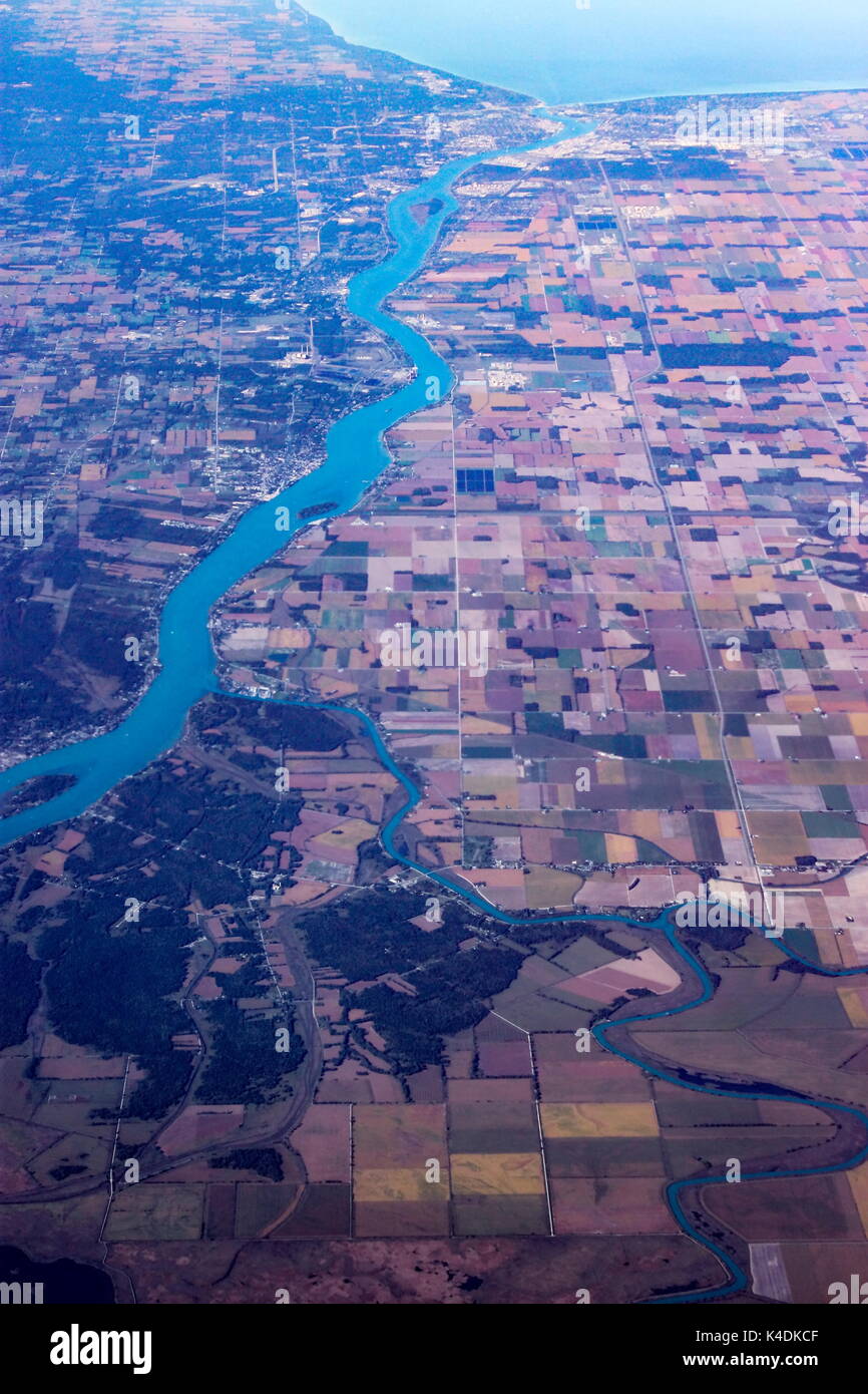 Aerial View of American Agricultural fields taken from an Airplane Stock Photo