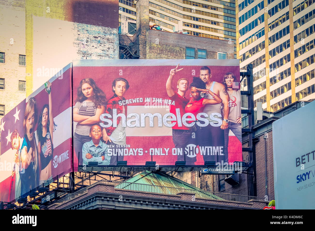 New York, USA - September 27, 2016: A large billboard advertising contemporary television program Shameless along the streets of Broadway. Stock Photo