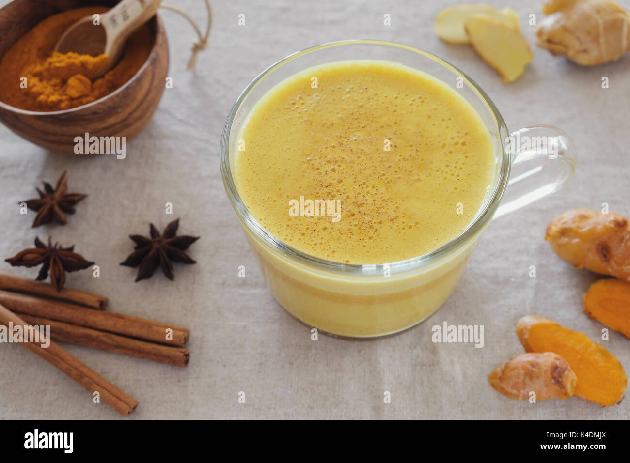 Turmeric latte, Golden milk, Turmeric milk, healthy hipster drink Stock