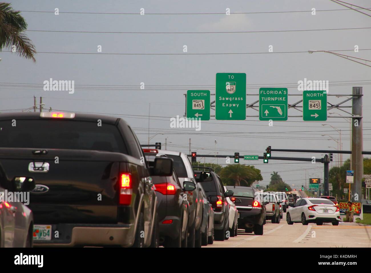 Traffic Moves Slowly Before Hurricane Irma in Rush Hour toward 849 Powerline Road, Florida Turnpike and Sawgrass Expressway in Pompano Beach, Florida Stock Photo