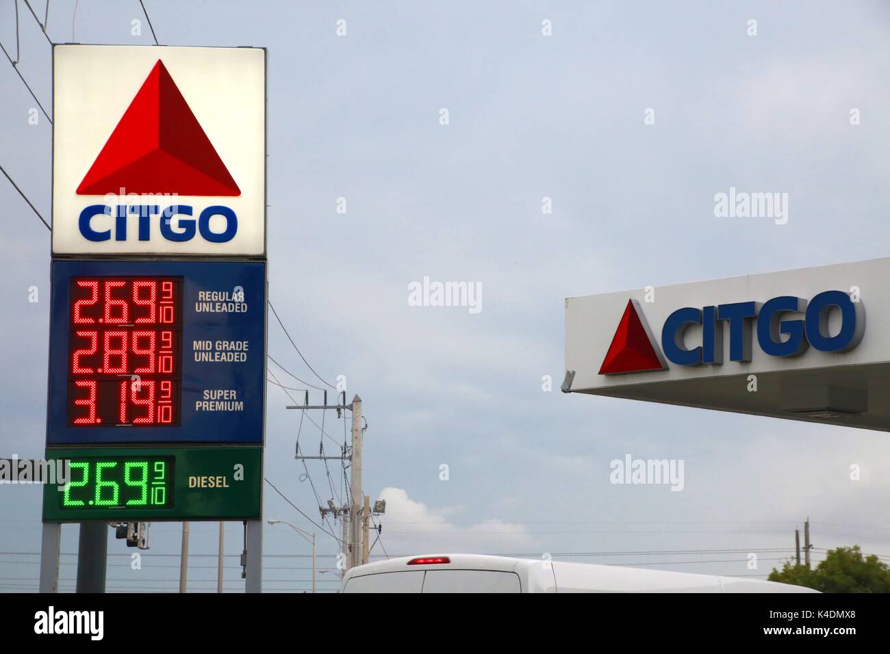 Citgo Gas Station Offers Regular $2.69 and 9/10ths Mid-Grade at $2.89 and 9/10ths Super Premium at $3.19 and 9/10ths and Diesel at $2.69 and 9/10ths Stock Photo
