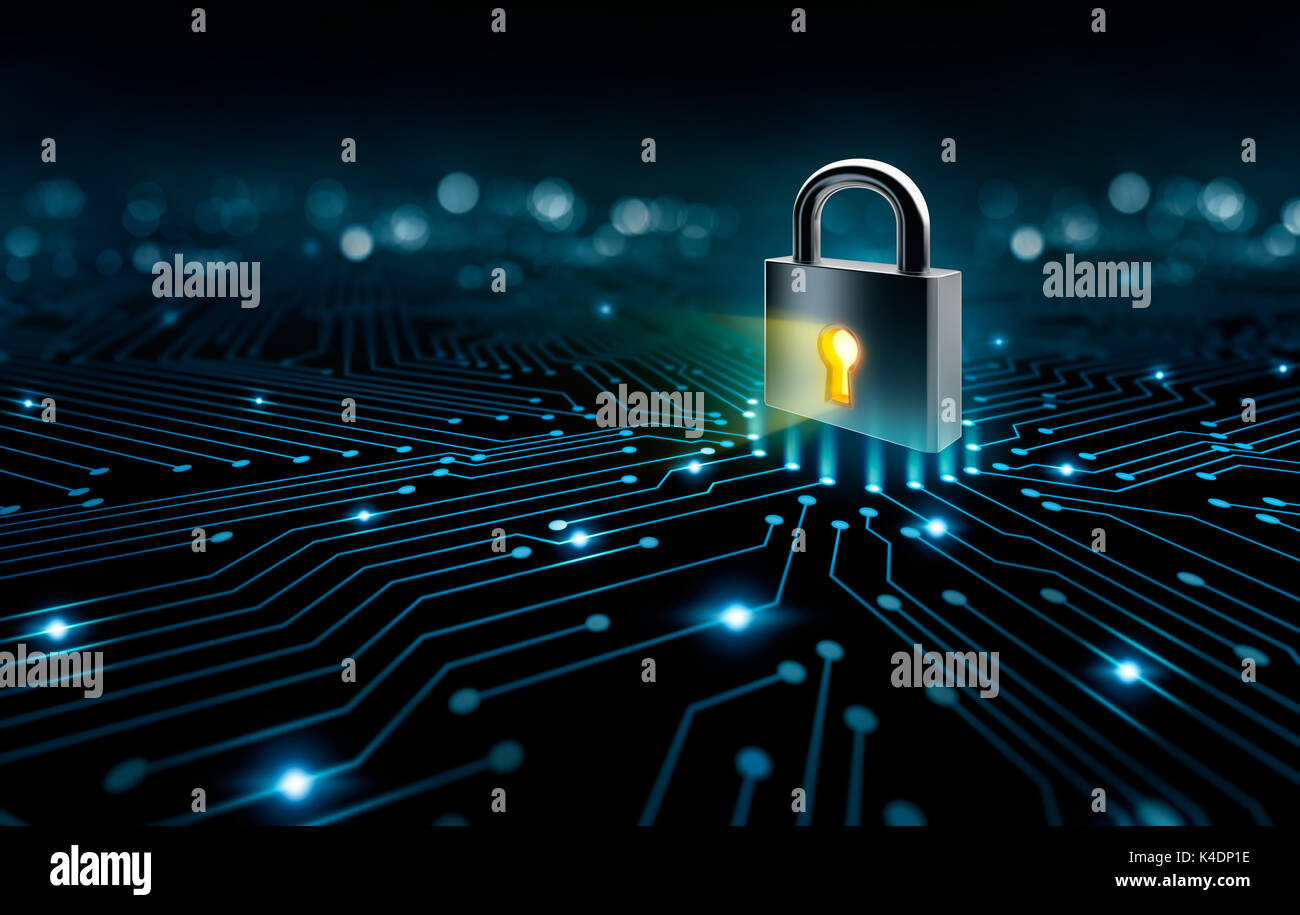 Lock on the converging point on a circuit, security concept Stock Photo