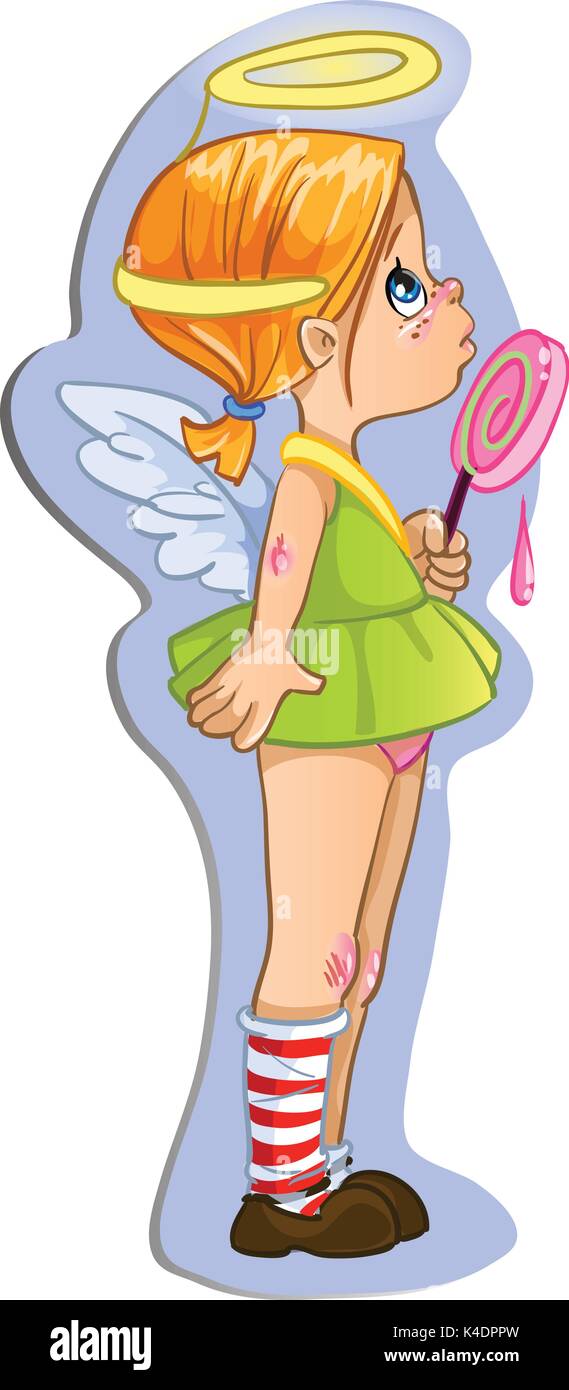 Angel toddler girl with big candy vector character sticker Stock Vector