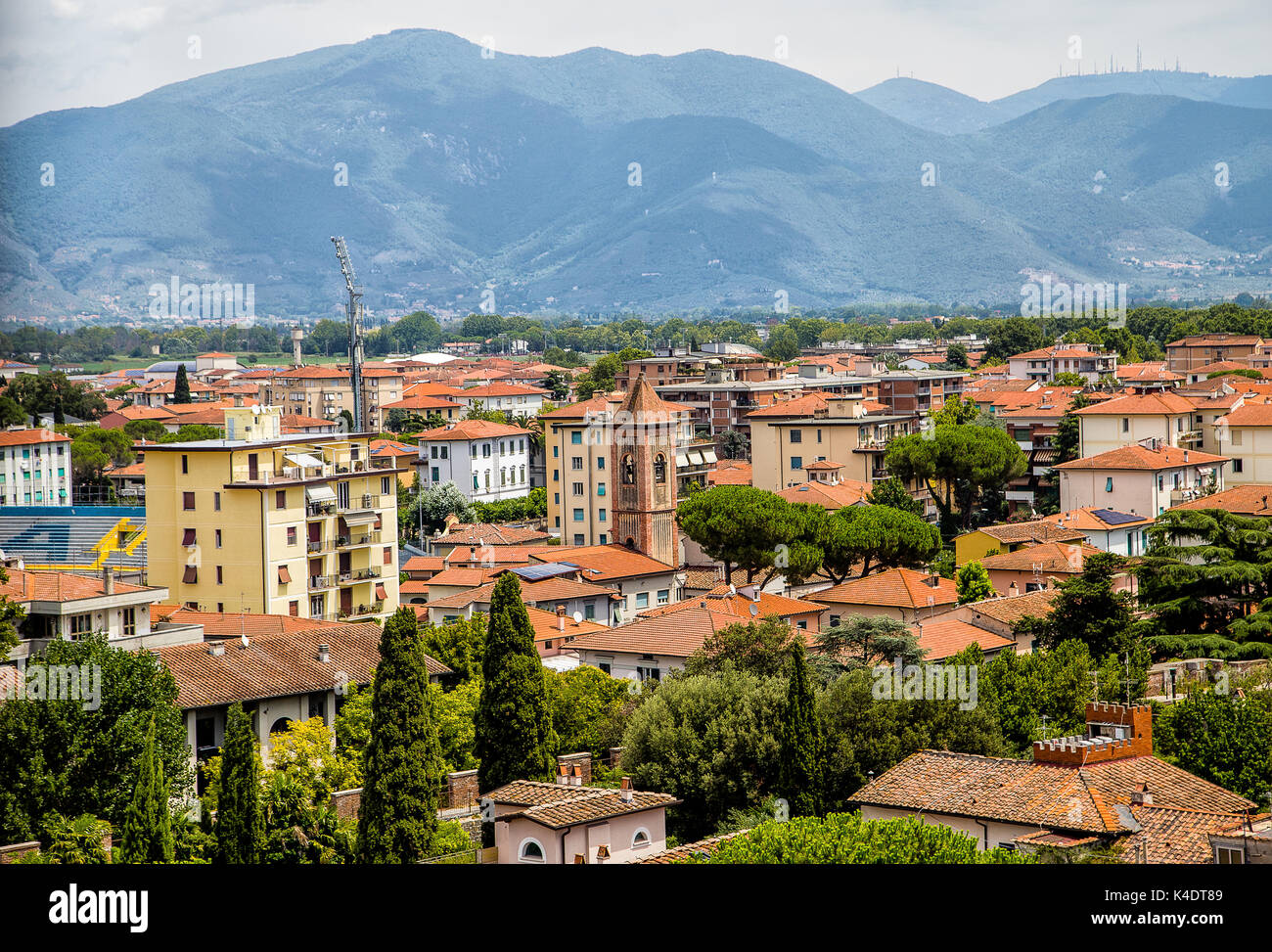 Cityscape and skyline of Pisa city as viewed from the top of the leaning tower of Pisa Stock Photo