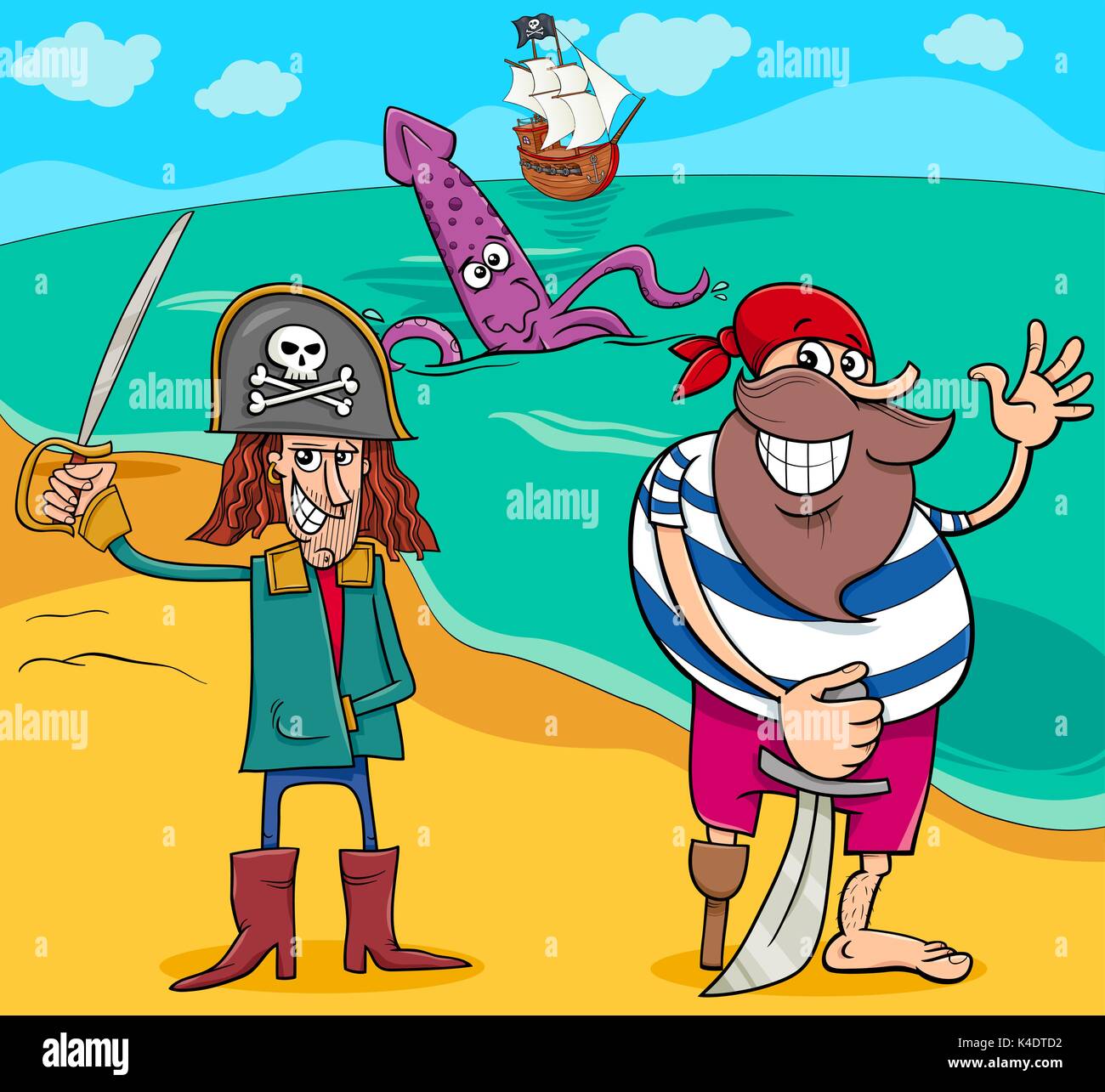 Cartoon Illustrations of Pirate Characters with Ship on Island Stock Vector